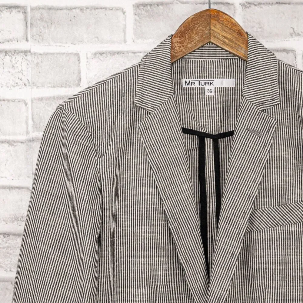 MR TURK Men's 2 button Blazer Jacket white gray striped Cotton size 36